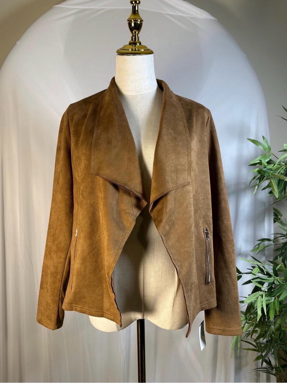 ❤️🔥 Camel Faux Suede Waterfall Draped Jacket – Small